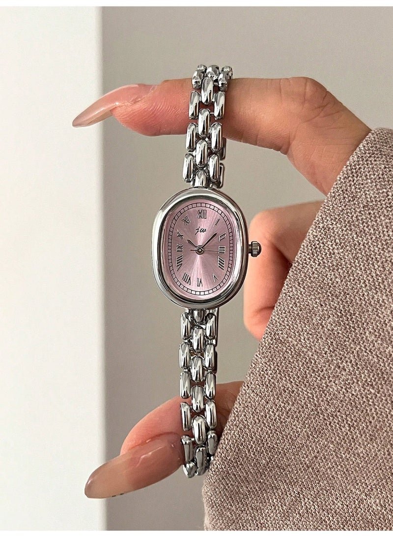 جي دبليو المرأة الكوارتز ساعة البيضاوي رقم الأرقام الرومانية الفضة الوجه، الفضة لون المعدنية سوار أنيقة النمط القديم ساعة المعصم للارتداء اليومي - Image 3